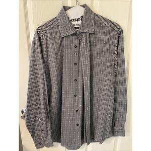 Bugatchi Shaped Fit Mens Long Sleeve Button Down Shirt Black Gray, Flip Cuff XL